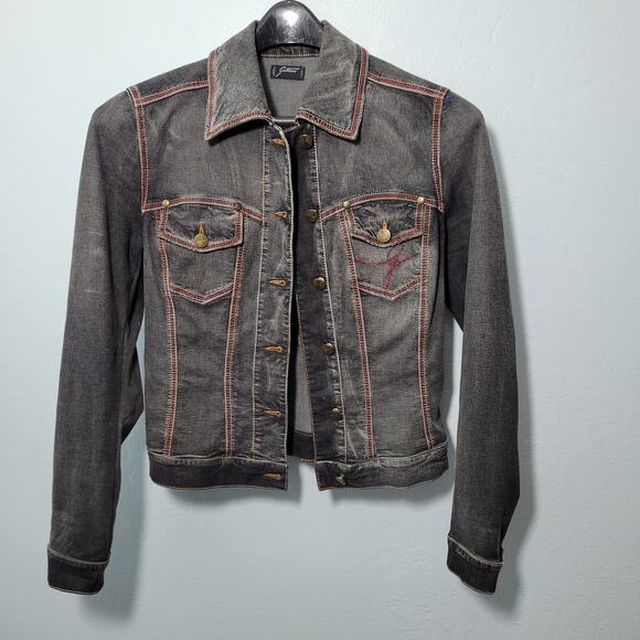 Gattinoni Jackets & Blazers - Gattinoni  Black Jean Jacket Trimmed in Red, Detail Embroidery On Back 120221-40